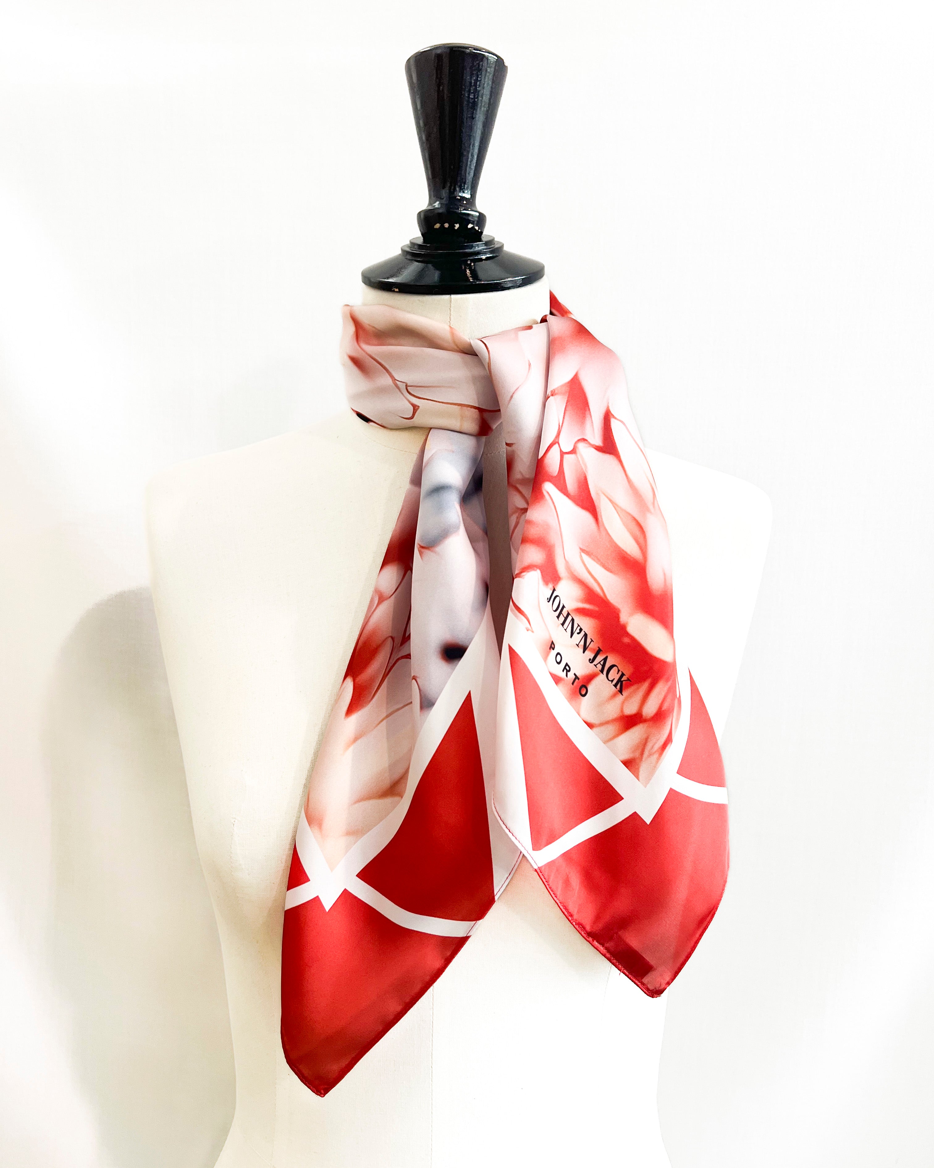 Large red "dahlia" scarf with monograms